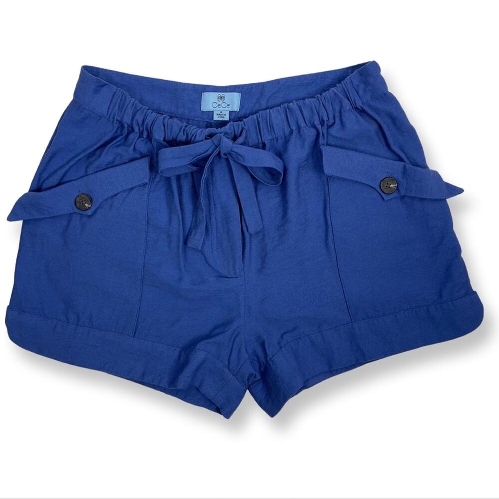 CeCe Paper Bag Shorts Relaxed Fit Pull On Elastic Tie Waist Pockets Blue Size 6